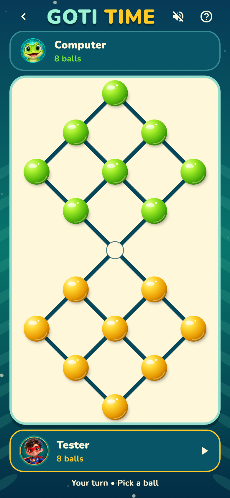 Goti Time game board with green and golden pieces